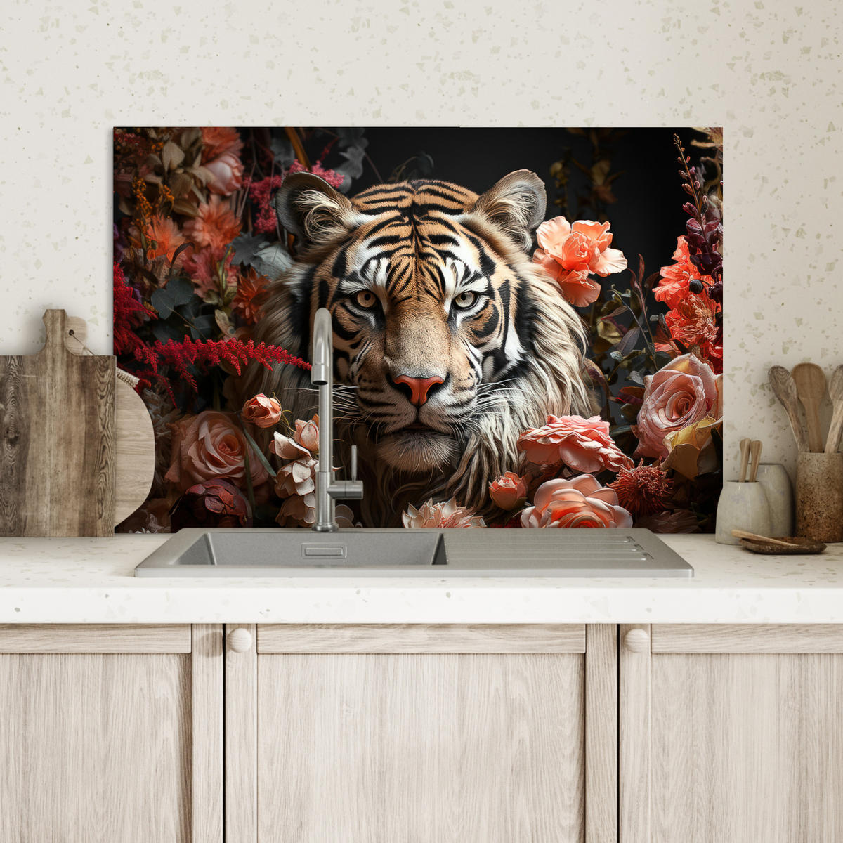 SPRITZSCHUTZ KÜCHE Tiger - Tier - Natur - Floral - Botanisch 70x50 cm - Orange, Metall (70/0.3/50cm) - MuchoWow