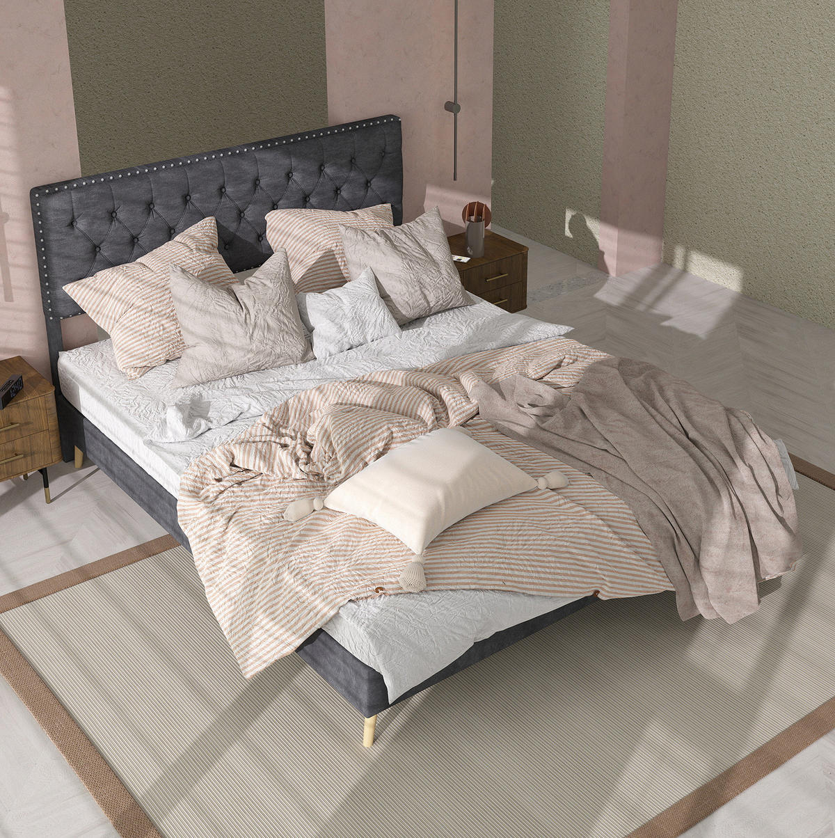ČALOUNĚNÁ postel 140/200 cm šedá z látky a kovu s úložným prostorem - šedá, textil (140/200cm) - OKWISH