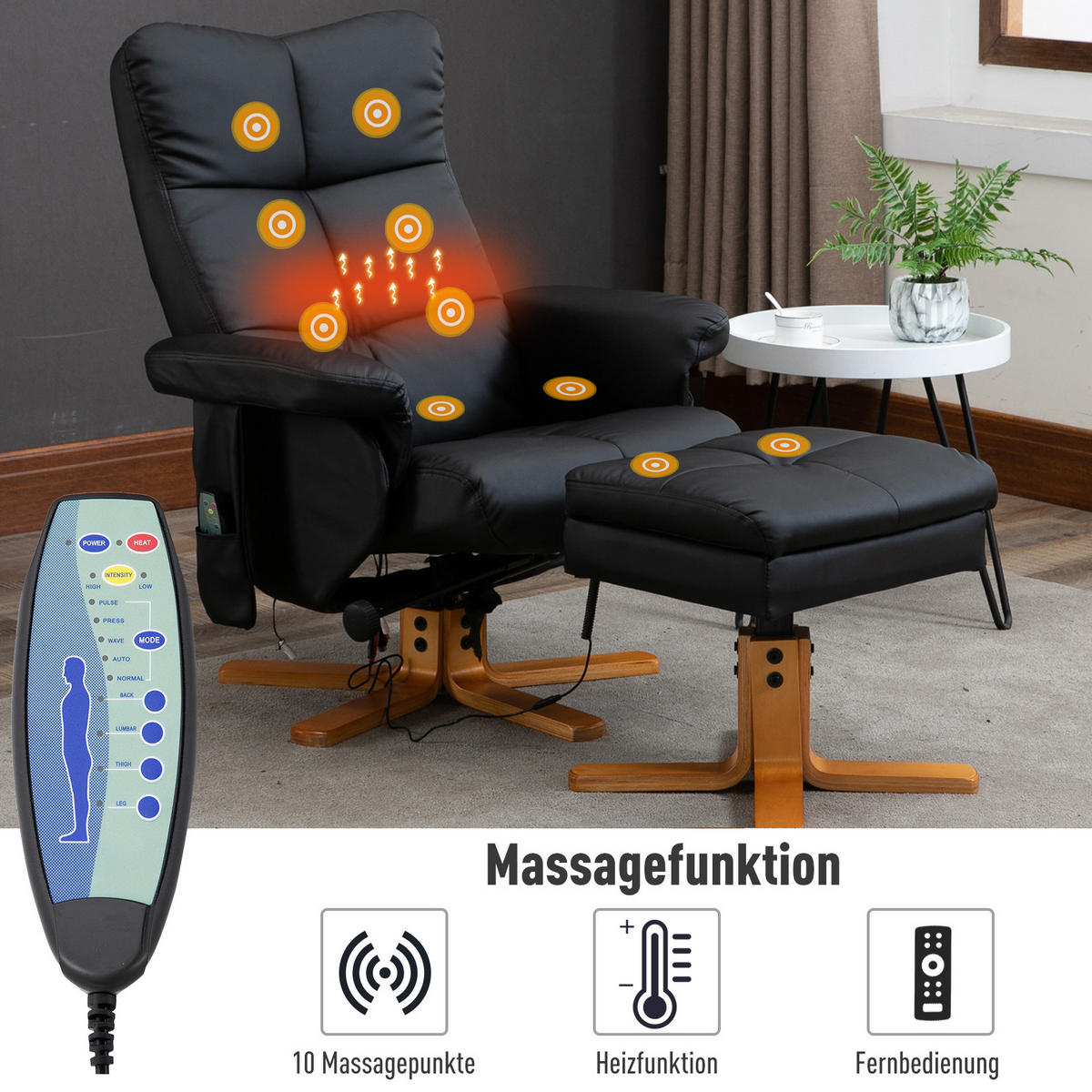 RELAXSESSEL mit Massagefunktion, Fußhocker 80/86/99 cm Schwarz - Schwarz, Holz (86/99/80cm) - Redom