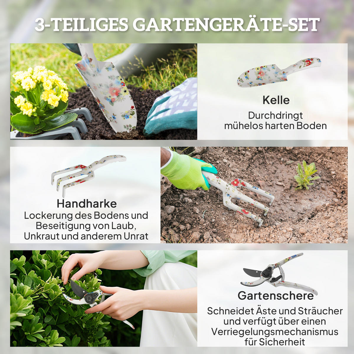 GARTENWERKZEUG-SET aus Aluminium Mehrfarbig - Multicolor, Metall (7/3/26.5cm) - Outsunny