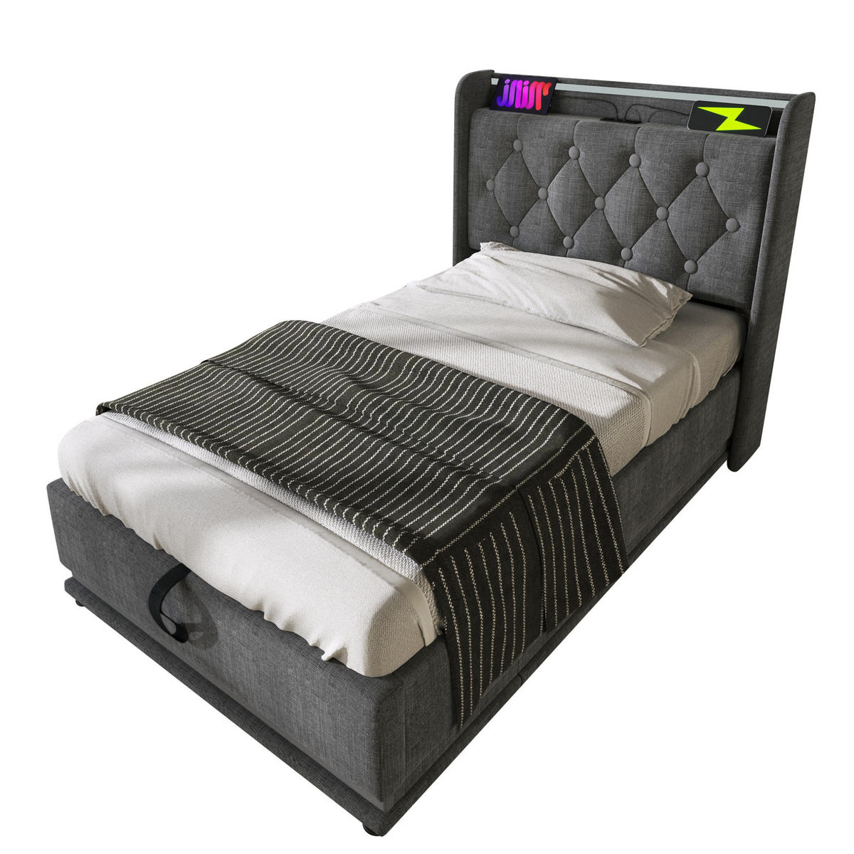 POLSTERBETT 90/200 cm Grau mit Stauraum, LED-Beleuchtung und USB- und Type-C-Anschlüssen - Grau, Textil (90/200cm) - Flora Grace