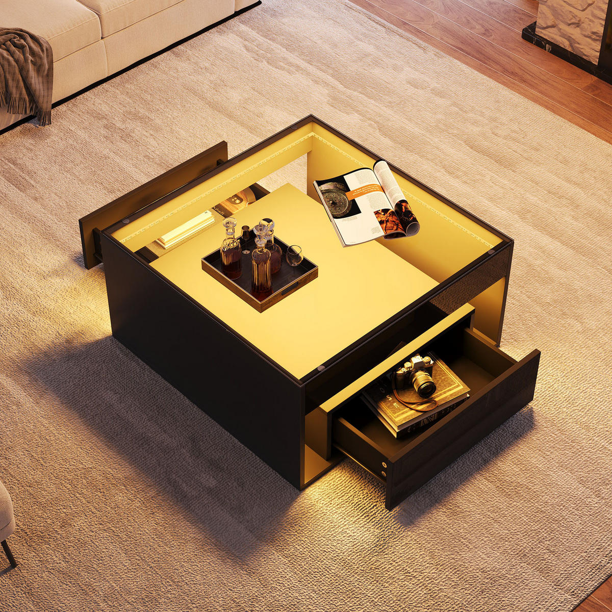COUCHTISCH aus MDF und Glas 70x70x35 cm Schwarz mit 2 Schubladen und LED-Beleuchtung - Schwarz, Holzwerkstoff (70/70/35cm) - IVMEU