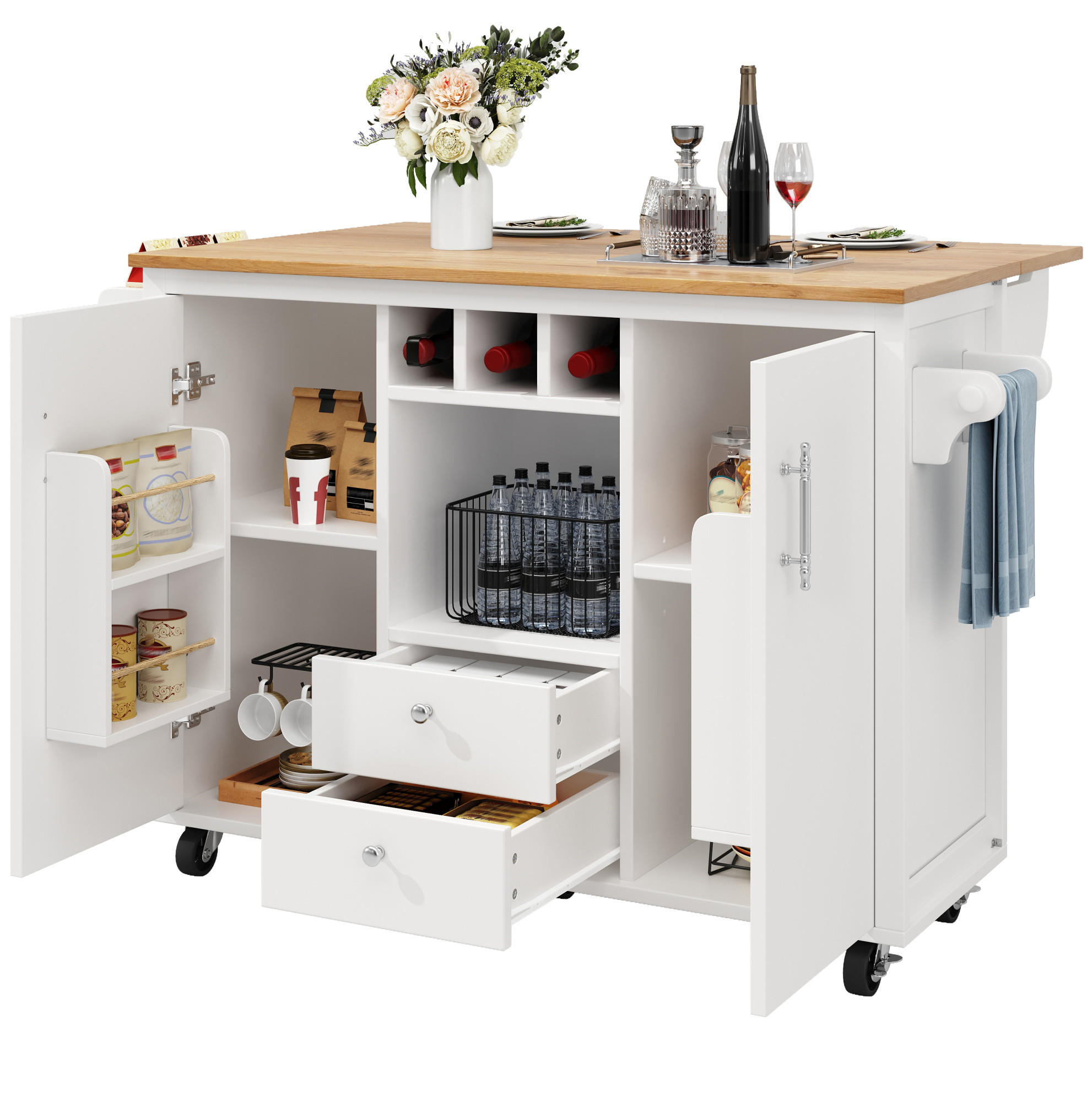 KÜCHENINSEL 137,9/92,2/73 cm Weiß aus MDF und Metall mit klappbarer Arbeitsplatte - Weiß, Holzwerkstoff (73/92.5/137.9cm) - OKMYHOME
