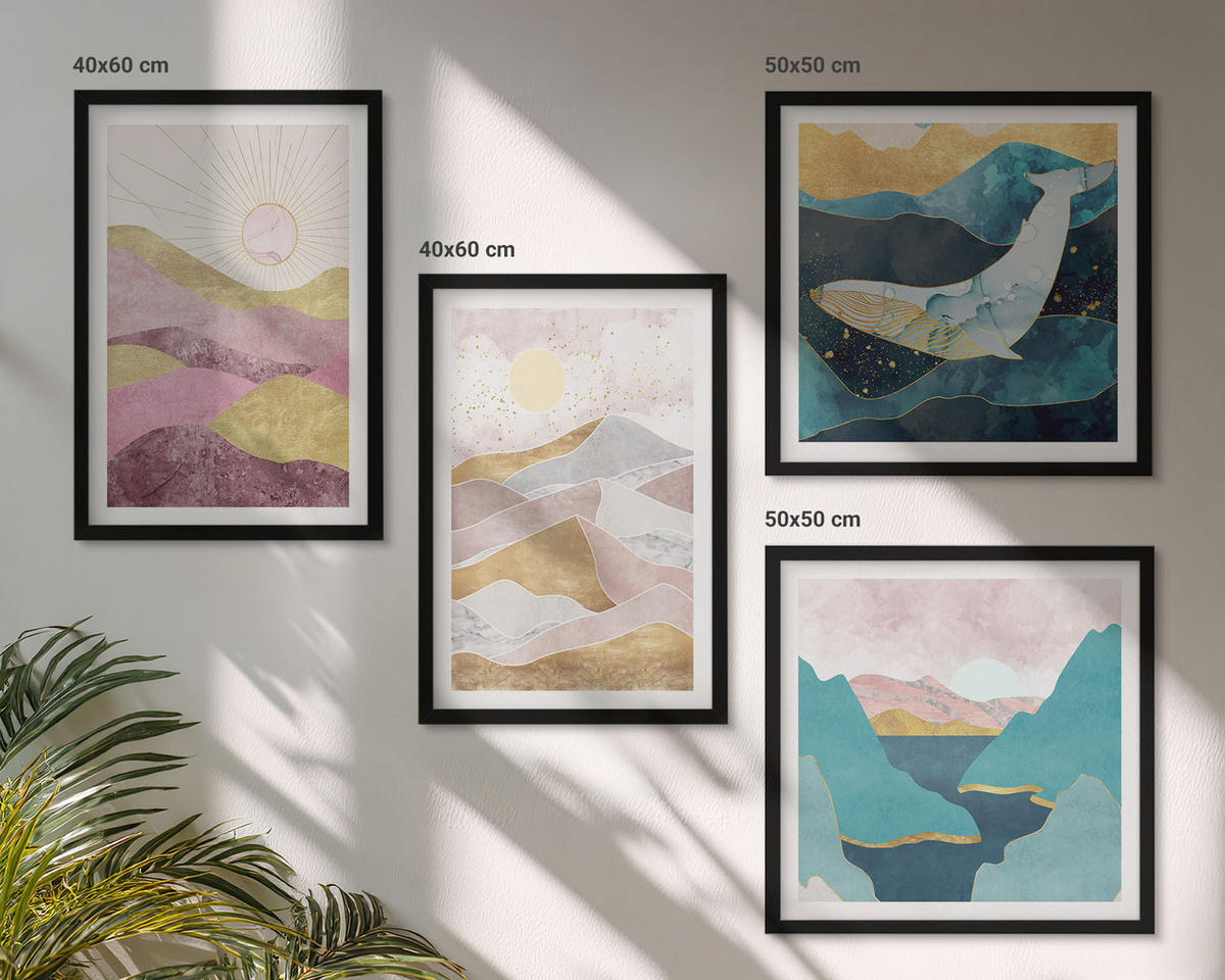 WANDBILDER 4er-Set - 50x50 cm & 40x60 cm Schwarzer Rahmen - Abstrakte Berge Sonne - Schwarz, Kunststoff (50/50cm) - ArtPrintCave
