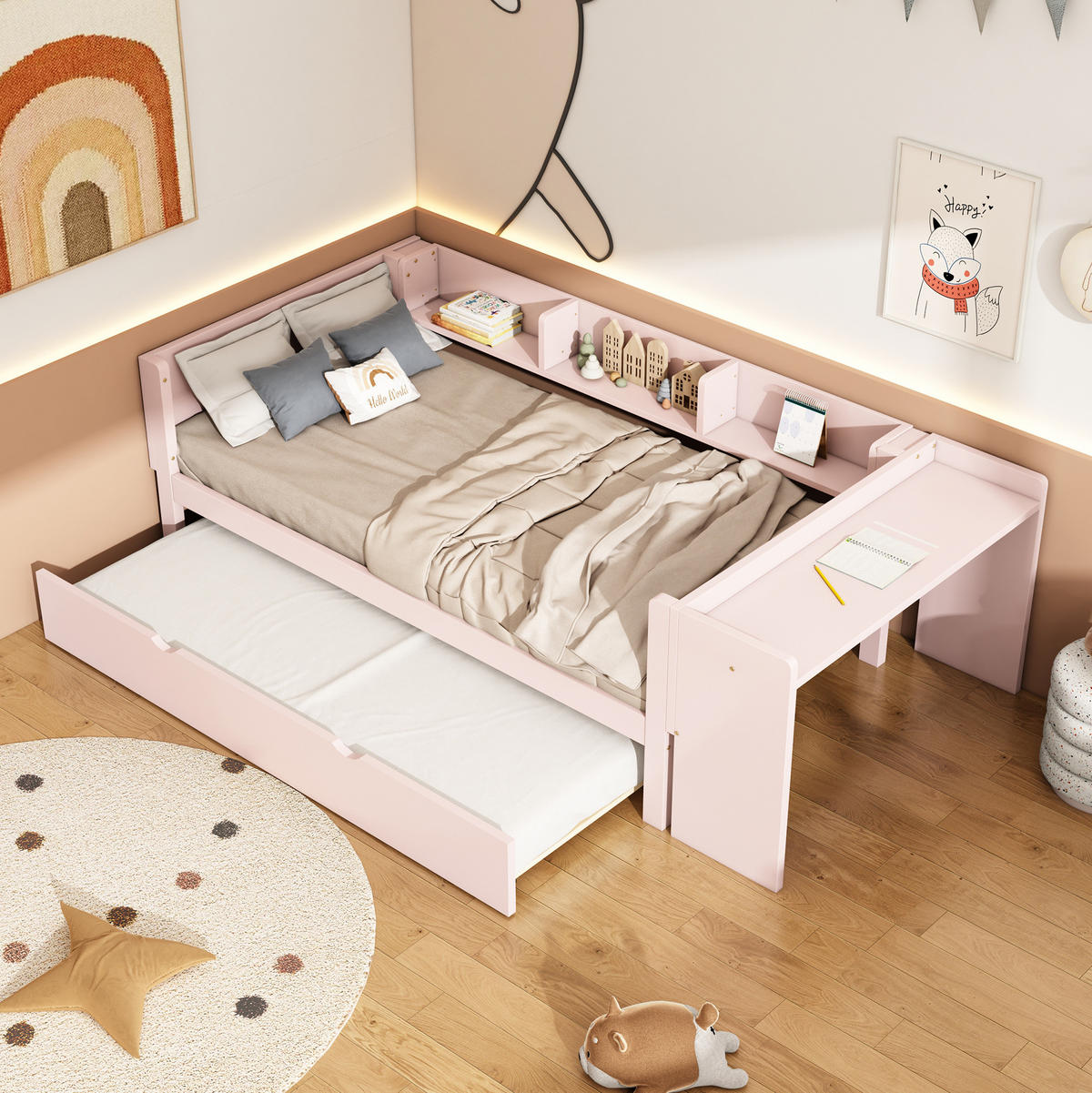 BETT 90/200 cm Rosa aus Kiefernholz und MDF mit Bett, Schreibtisch und Regalen - Rosa, Holz (90/200cm) - OKMYHOME