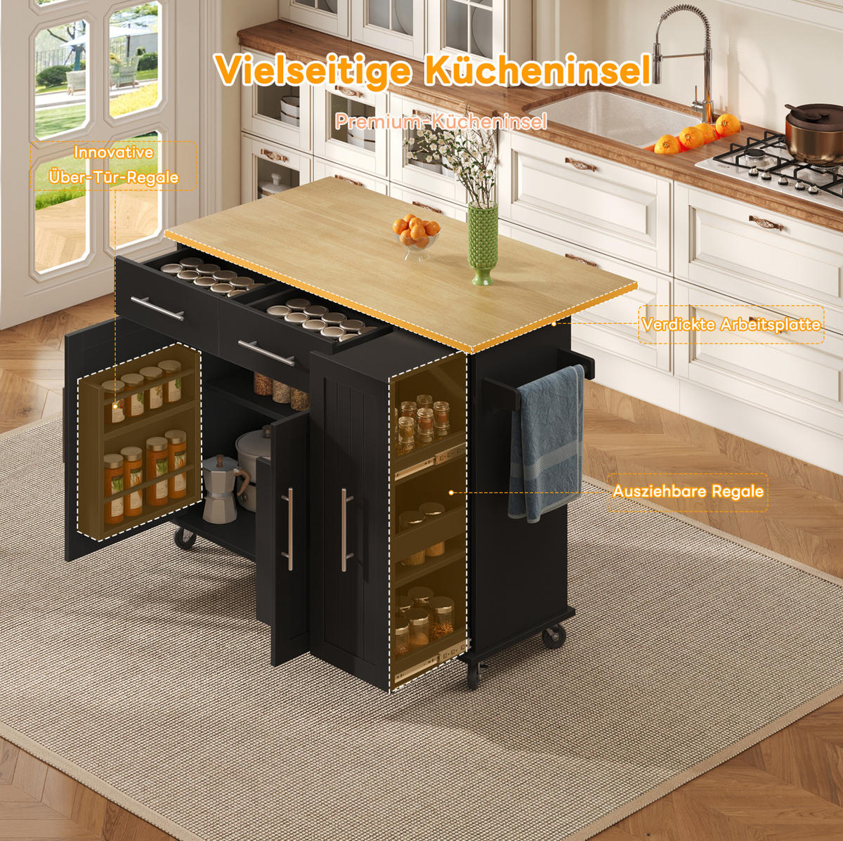 KUCHYŇSKÝ ostrůvek 120/40(65)/90 cm černá/přírodní z MDF se sklápěcí deskou a kolečky - černá, kompozitní dřevo (120/90/65cm) - OKWISH