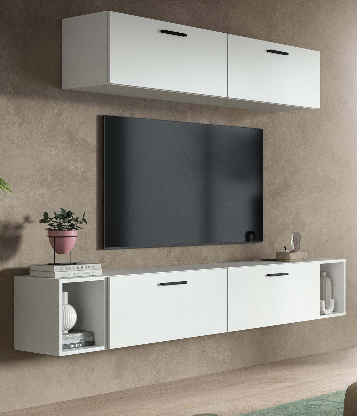 WOHNWAND weiß 202 cm, Schrankwand mit Soft-Close - Schwarz/Weiß, Holzwerkstoff/Kunststoff (202/184/34cm) - Inn.Furn