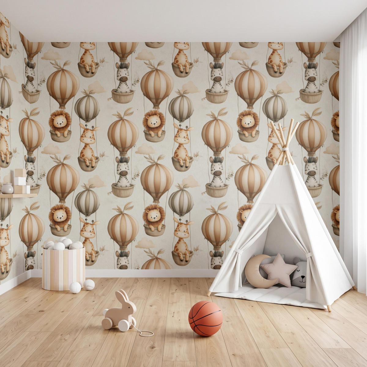 KINDERTAPETE - Safari - Heißluftballons - Taupe - 450x300 cm - Beige, Papier (450/300cm) - OnlyWow