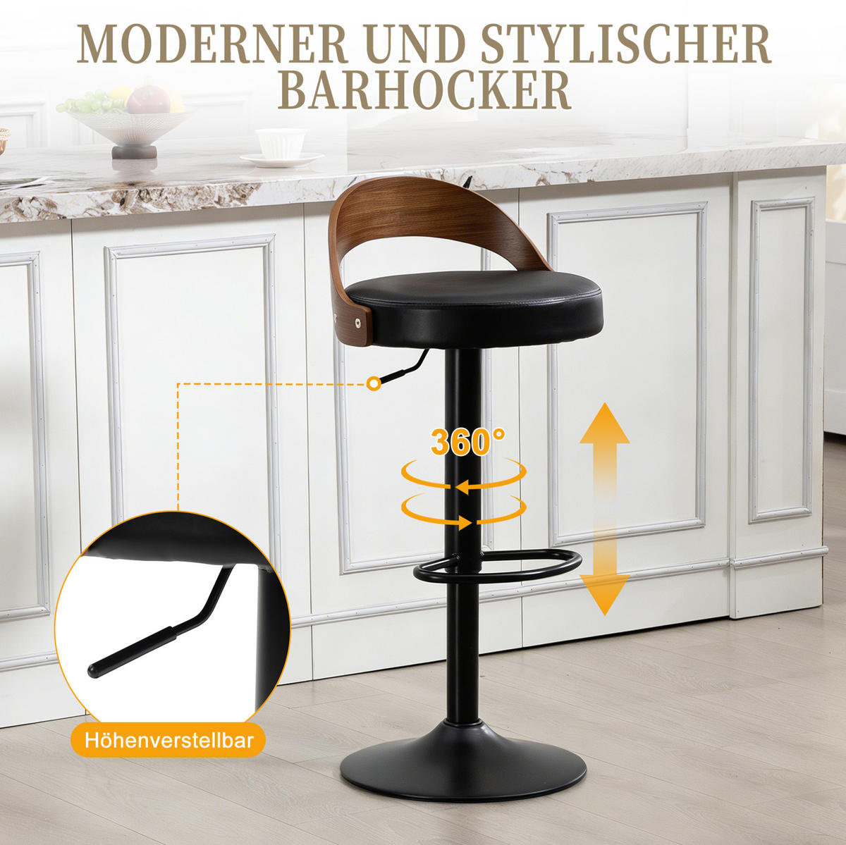 BARHOCKER 2er-Set mit Rückenlehne, 360° drehbar und höhenverstellbar - Schwarz, Kunststoff (42/77/42.5cm) - MIVRAY