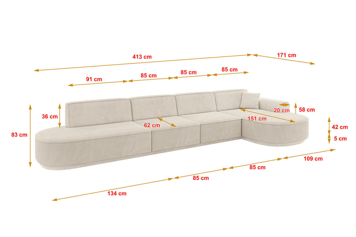 ECKSOFA Ottomane Rechts MARI-L3-v3 - 413x171x83 cm Beige Cord - Beige/Schwarz, Holzwerkstoff/Kunststoff (171/413cm) - ALTDECOR