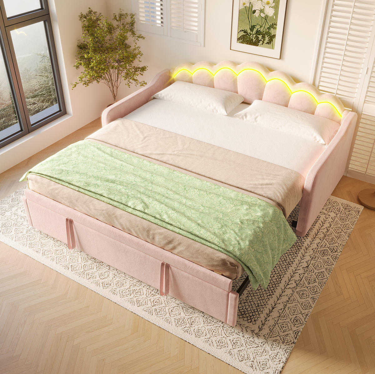 TAGESBETT 180/200 cm rosa aus Samt mit Ausziehbett und LED - Rosa, Textil (90/200cm) - OKWISH