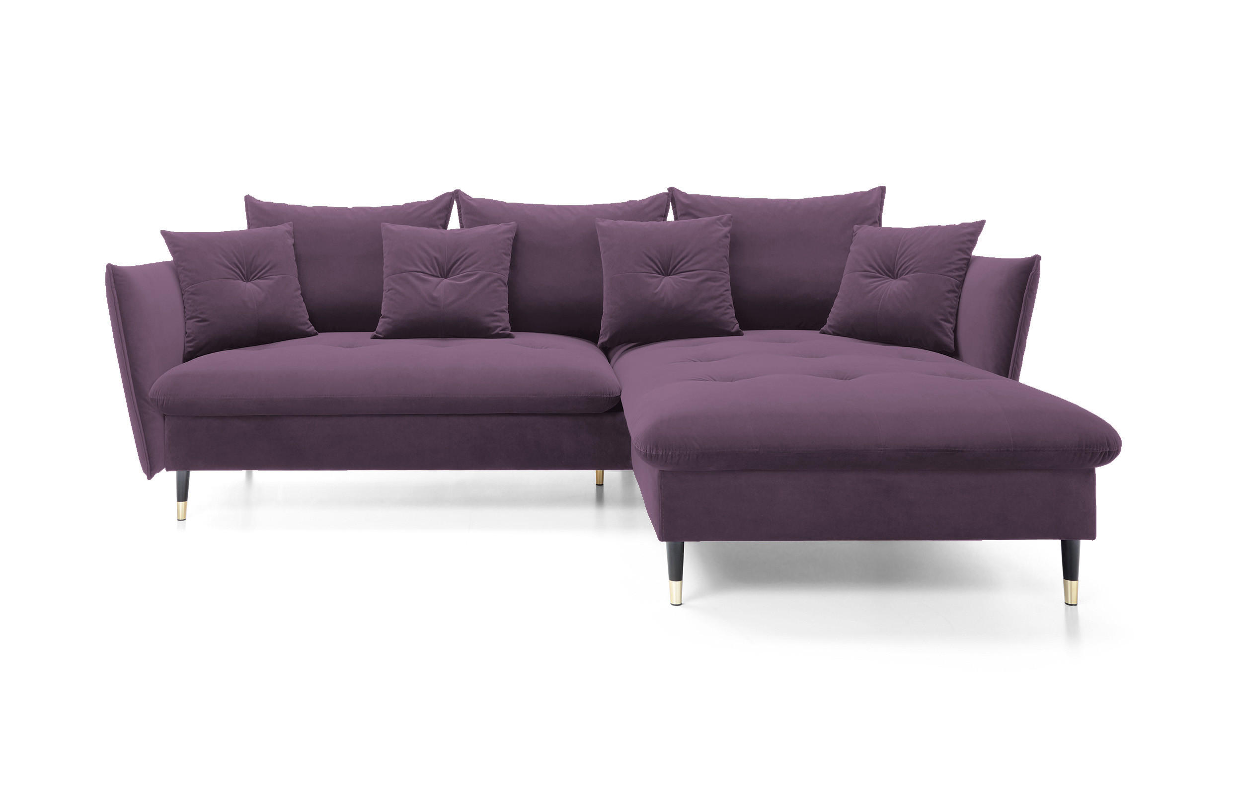 ECKSOFA GLAM mit Schlaffunktion, Ottomane & goldenen Füßen – Samtsofa im Glamour-Stil mit Zierkissen, 258x167x91 cm, rechte, lila​ - Lila, Holz/Textil (258/167cm) - DomoHome
