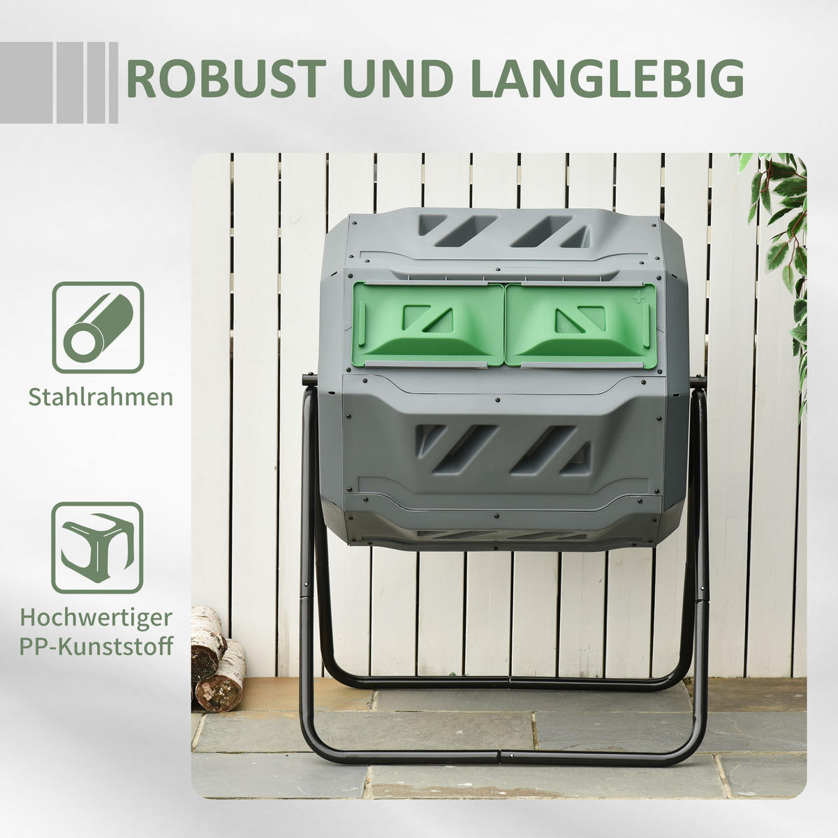 TROMMEL-KOMPOSTER, 2 Kammern, für Bio- und Garten-Abfälle, aus Stahl Kunststoff, Grau - Grau, Kunststoff/Metall (65/96/71cm) - Outsunny