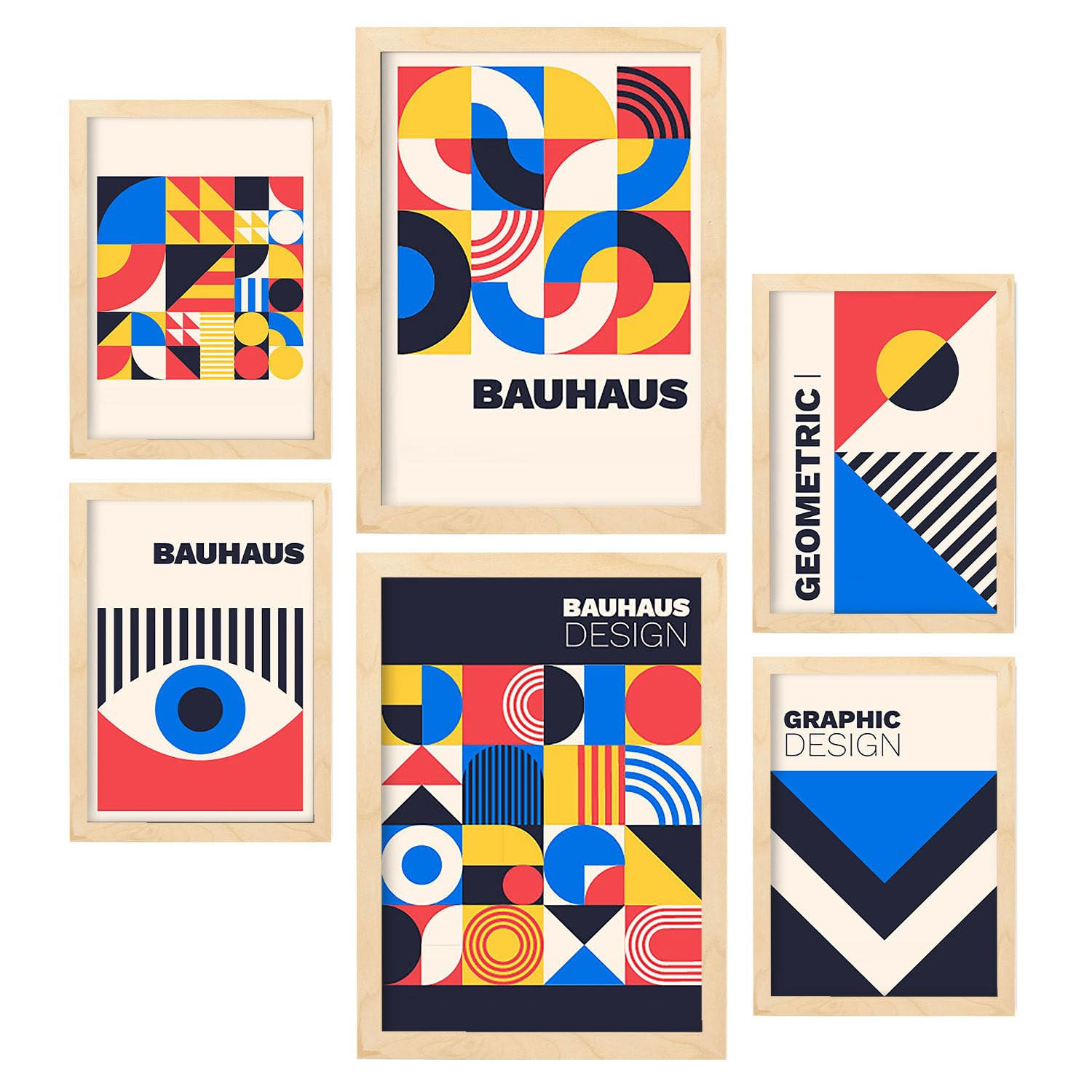 POSTER Set Mit 6 Drucken Im Bauhaus 6 Geometrische Designkollektion Drucke Mit Ästhetische Dekorative Für Zuhause A3 & A4 Rahmen Aus Hellem Holz - Beige, Papier (29/3cm) - Nacnic