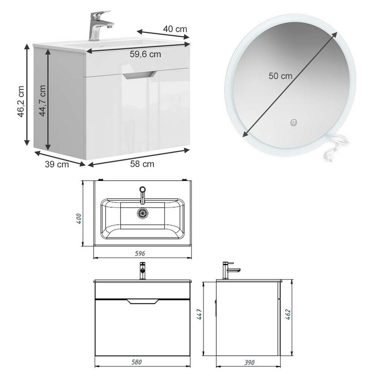 BADMÖBEL-SET Stefanie Weiß 3 Teile, mit Unterschrank 60 cm und Led Spiegel - Weiß, Holzwerkstoff (60/46.2/40cm) - Vicco