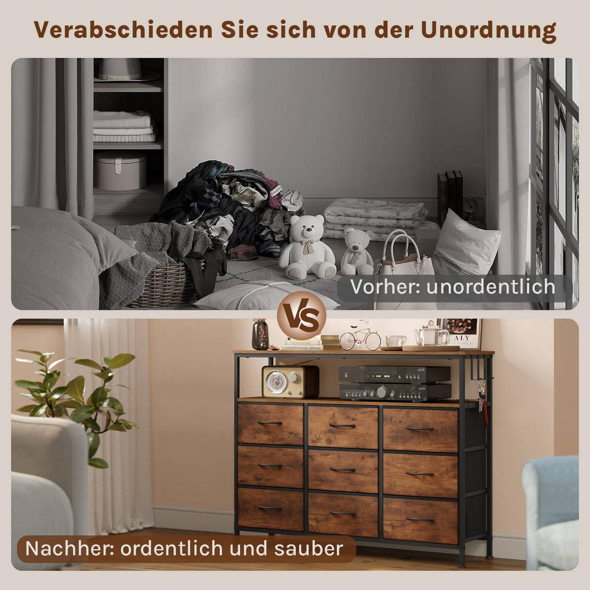 KOMMODE mit 9 Schubladen, LED, Steckdosen, Rustikales Braun - Dunkelbraun/Schwarz, Holzwerkstoff/Textil (110/85/30cm) - Woltu