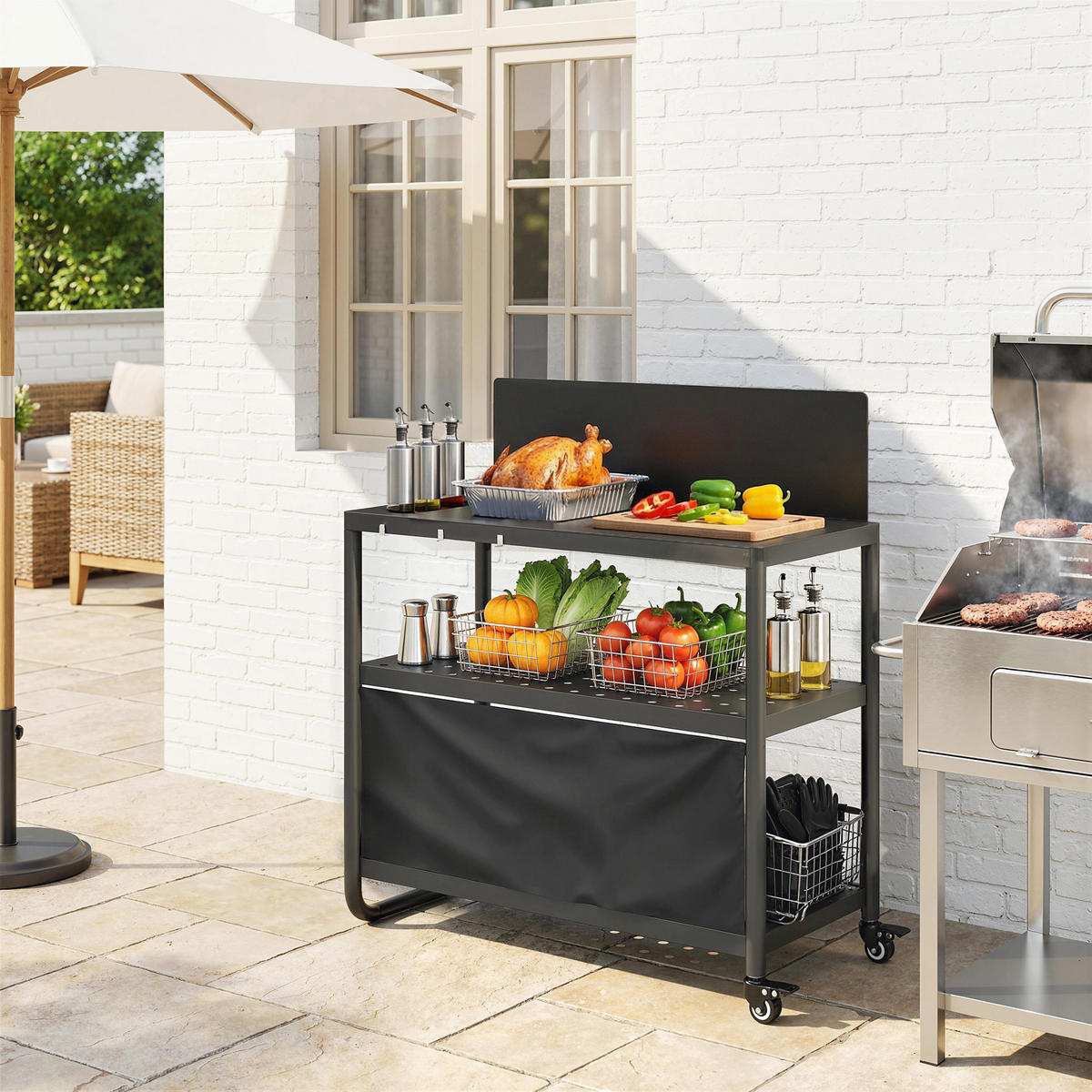 GRILLWAGEN DE-13848 3 Ebenen mit Windschutz & Schutzplane Schwarz - Schwarz, Metall (46/110/107cm) - ComfortXL