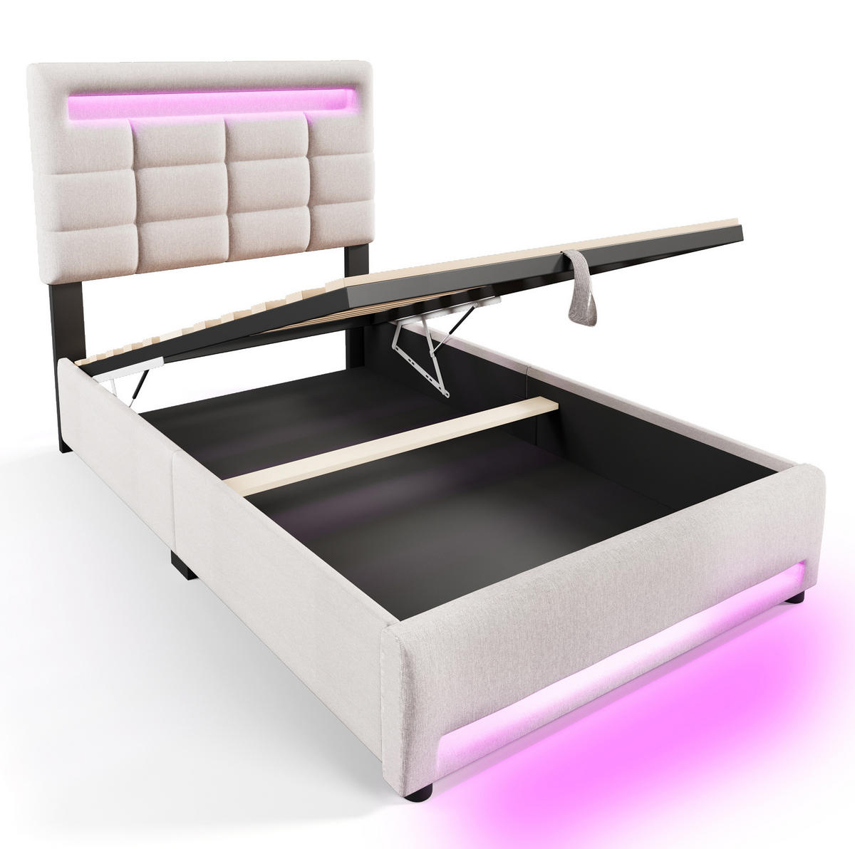 BETT mit Stauraum und LED 90x200 cm Leinen Beige - Beige, Metall (90/200cm) - Meubliv
