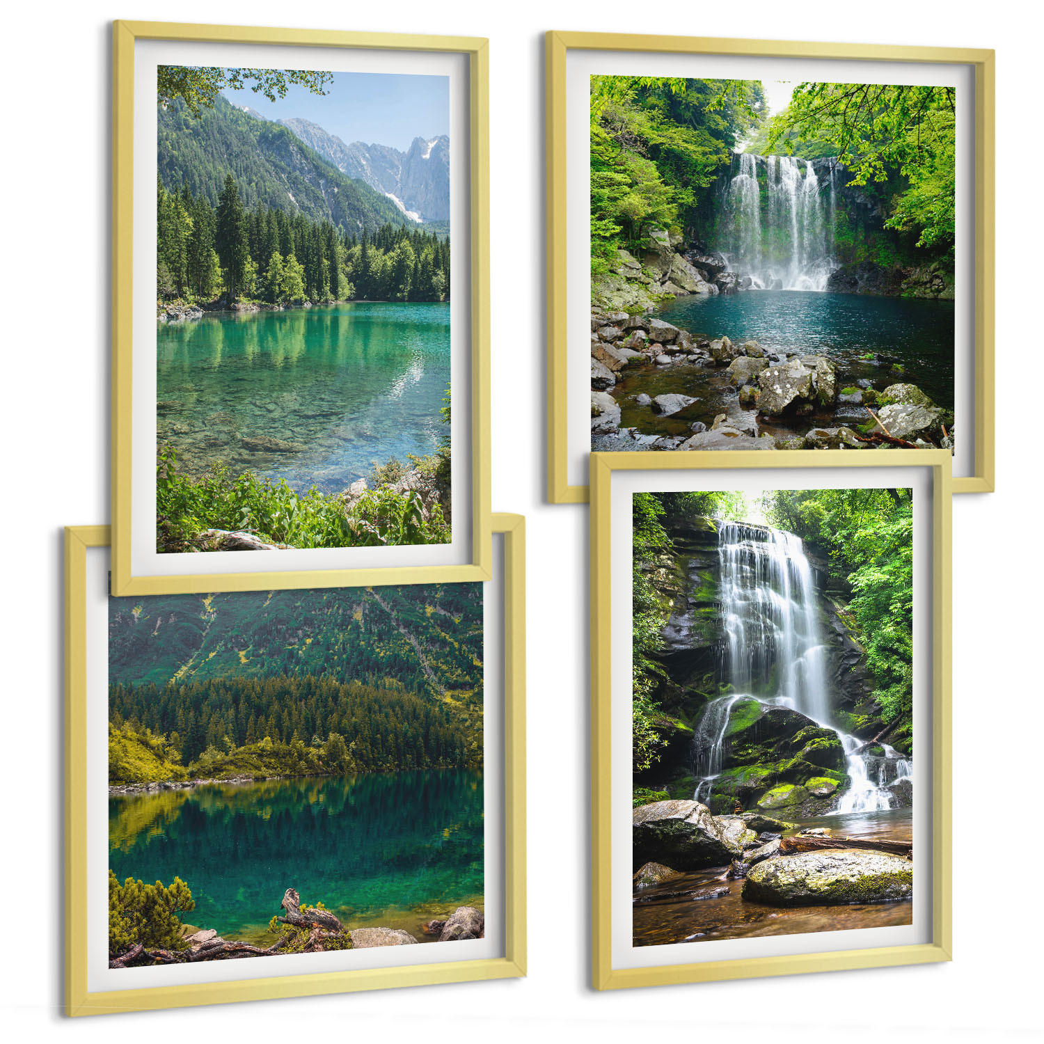 BILDER SET 4er Set - 50x50 cm & 40x60 cm Goldrahmen - Wasserfälle in grüner Umgebung - Goldfarben, Kunststoff (50/50cm) - TULUP