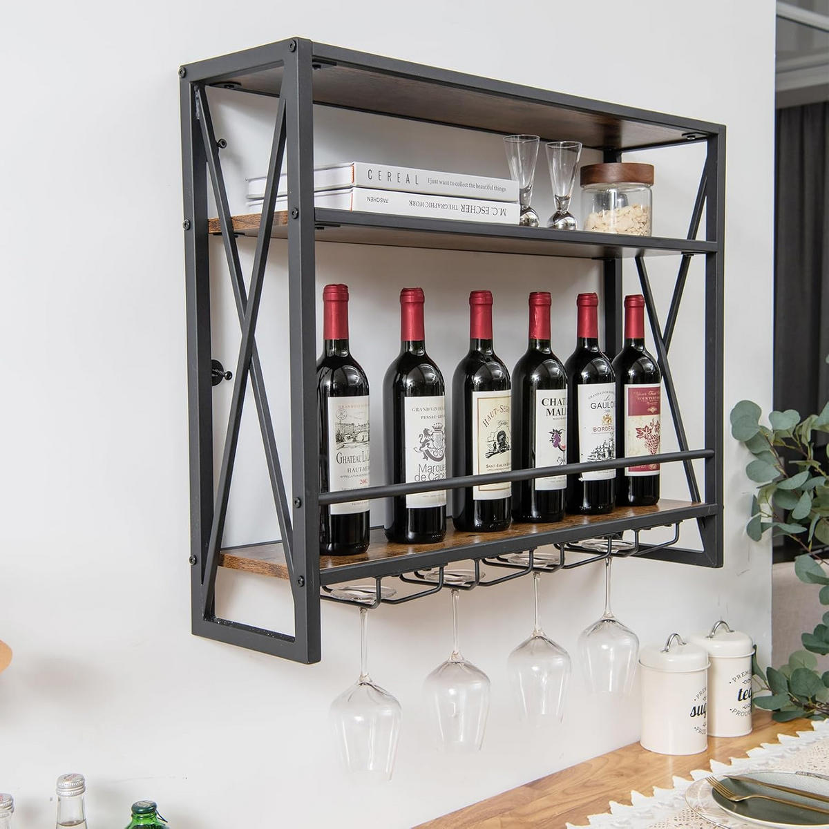 WEINREGAL mit 4 Reihen Weingläserhalter Vintage Eiche Dekor - Alteiche, Holz (80/63/20cm) - COSTWAY