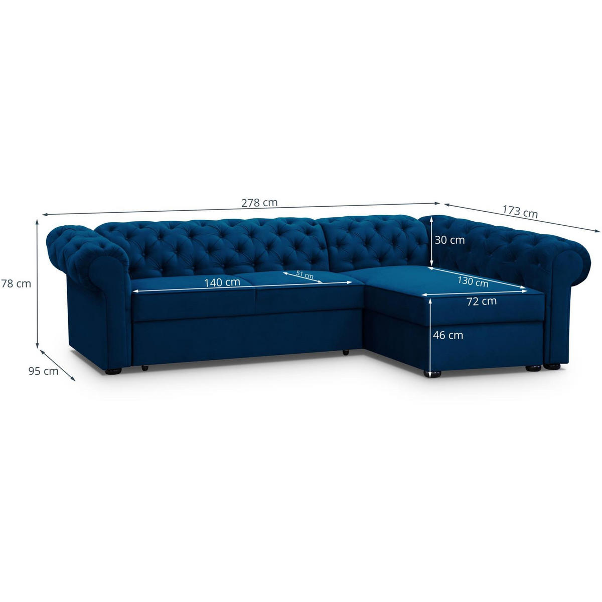 ECKSCHLAFSOFA Chester im Chesterfield-Stil, Dunkelblau, rechts - Schwarz/Dunkelblau, Textil (278/173cm) - Beautysofa