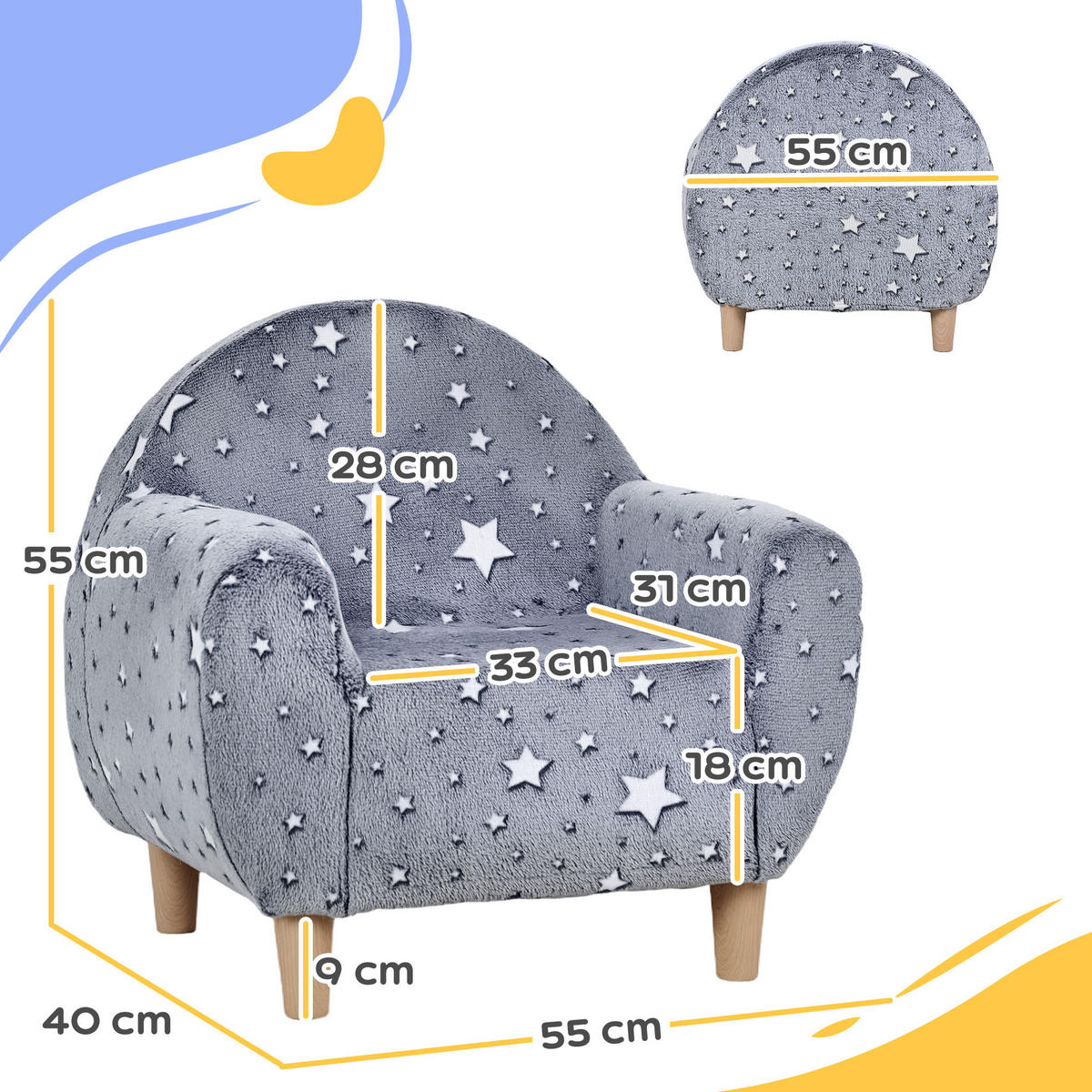 KINDERSESSEL DE-18968 leuchtende Sterne, Samtbezug Grau - Grau, Textil (40/55/55cm) - ComfortXL