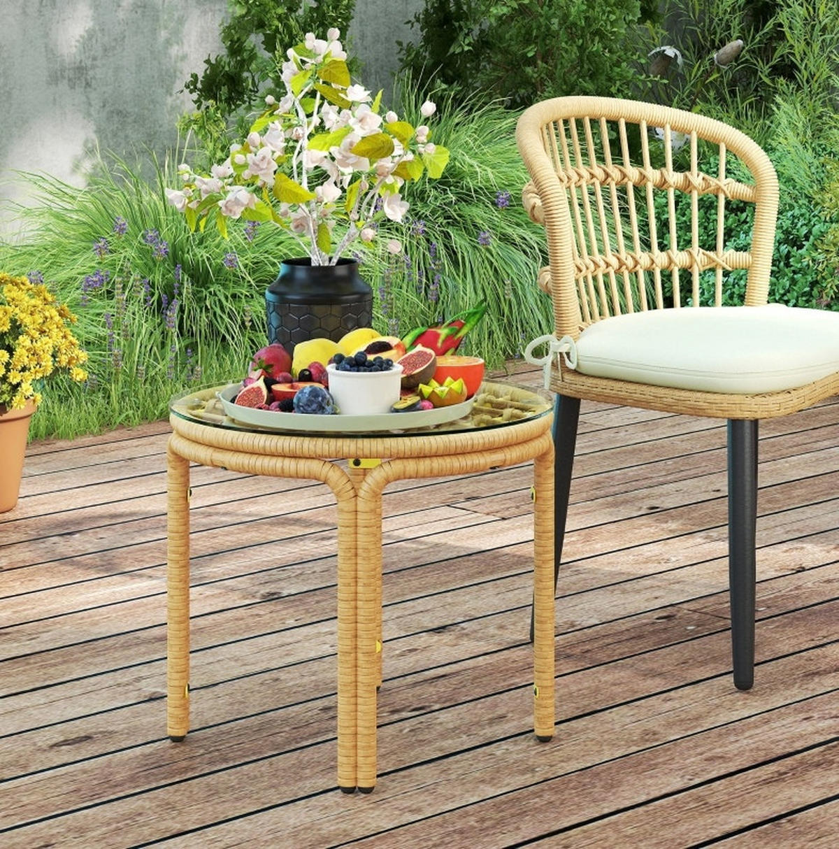 LOUNGETISCH 50/50/44 cm gelb aus PE-Rattan mit Glasplatte - Gelb, Glas (50/50/44cm) - OKWISH