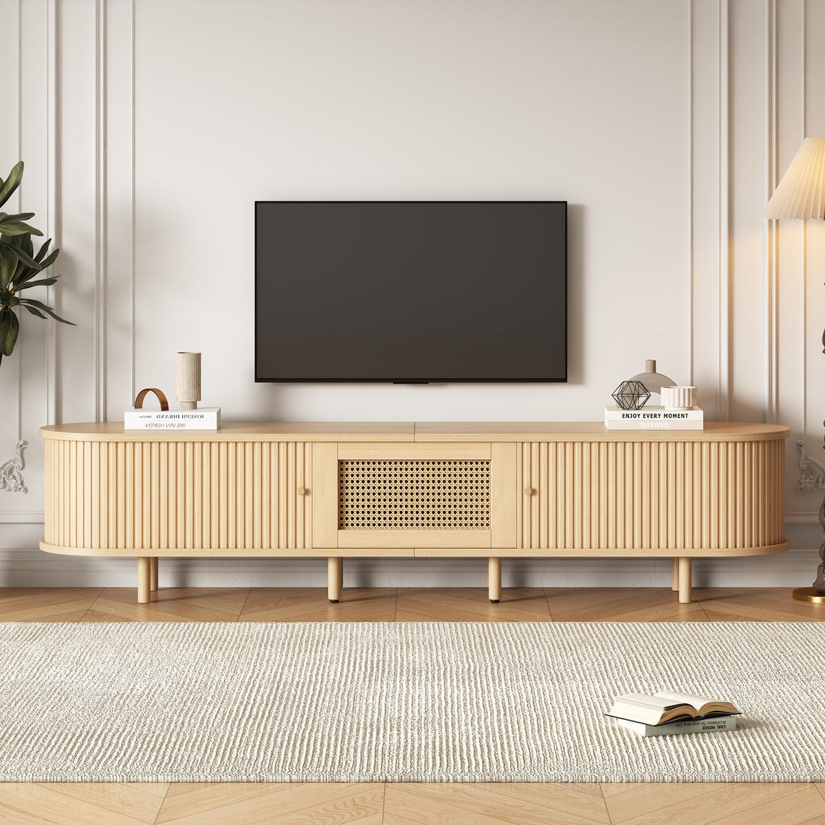 TV-ELEMENT180X40X40CM Fernsehtisch Lowboard Rattan-Optik Schiebetüren Holzfarbe - Naturfarben, Holz (49.5/14.5/120cm) - Raelunyi