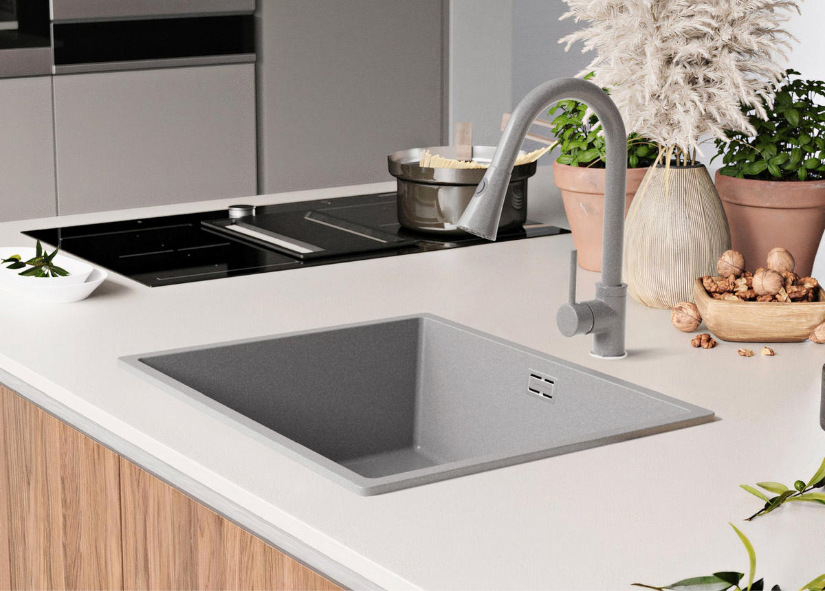 GRANITSPÜLE London Slim, 2-er set Grau 56/47 cm 1 Becken + Küchenarmatur 40/20 cm + Ablauf-Set ab 60er Unterschrank - Chromfarben/Grau, Kunststoff (56/20/47cm) - Primagran