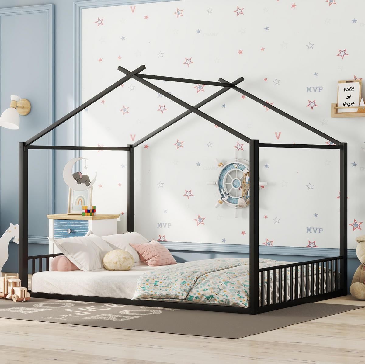 KINDERBETT 140/200 cm mit Metallrahmen in Hausform, Schwarz - Schwarz, Metall (140/200cm) - Redom