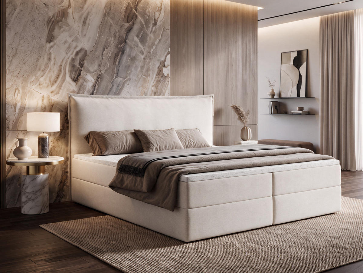 BOXBETT ARENO 200x200 cm Komplett-Set mit Bettkasten, Bonell-Matratze H3 und Topper - Creme - Creme, Textil (200/200cm) - Luxkor24