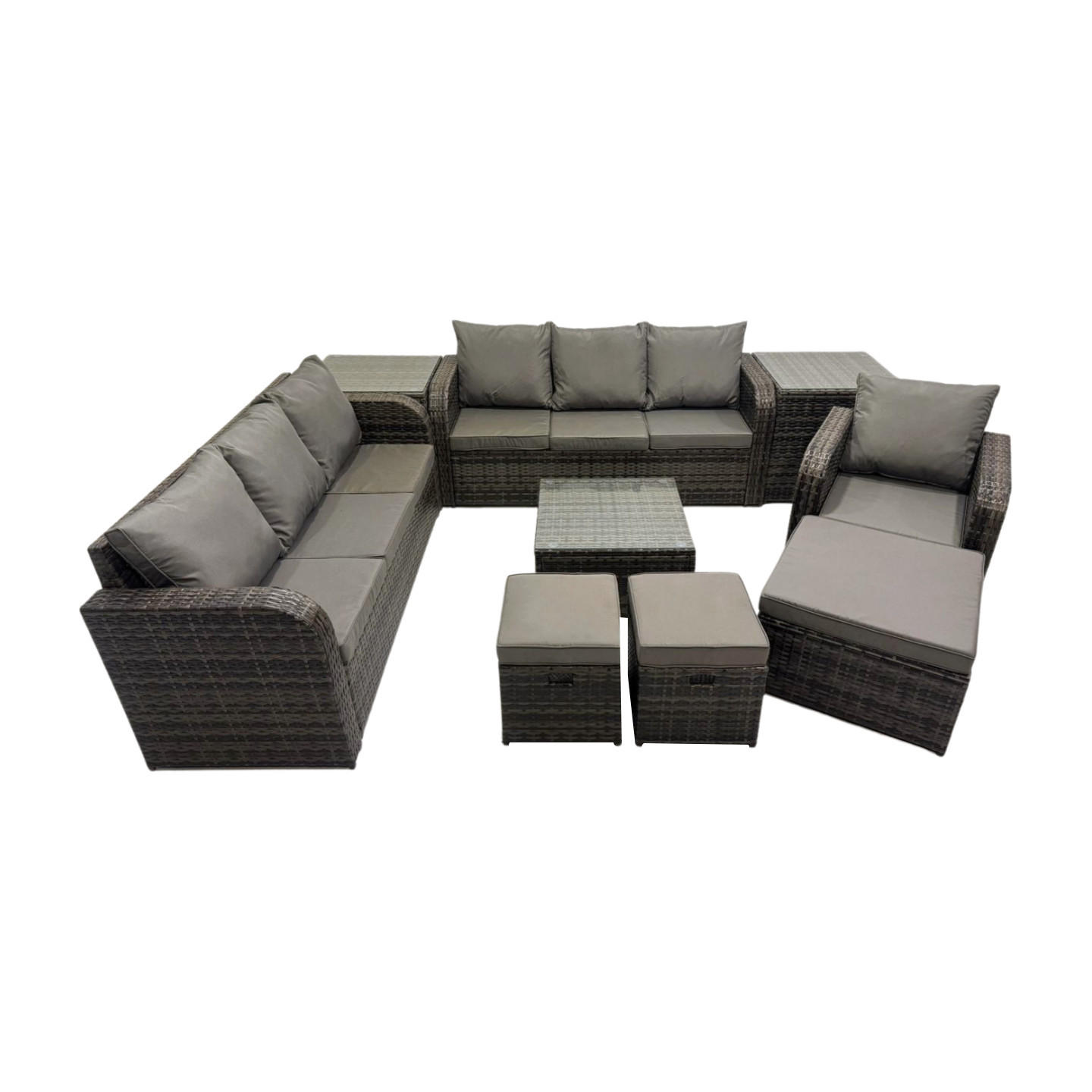 GARTENMÖBEL SET mit 3-SITZER SOFA Polyrattan Dunkelgrau 10-Sitzer - Dunkelgrau/Grau, Glas/Kunststoff - Fimous