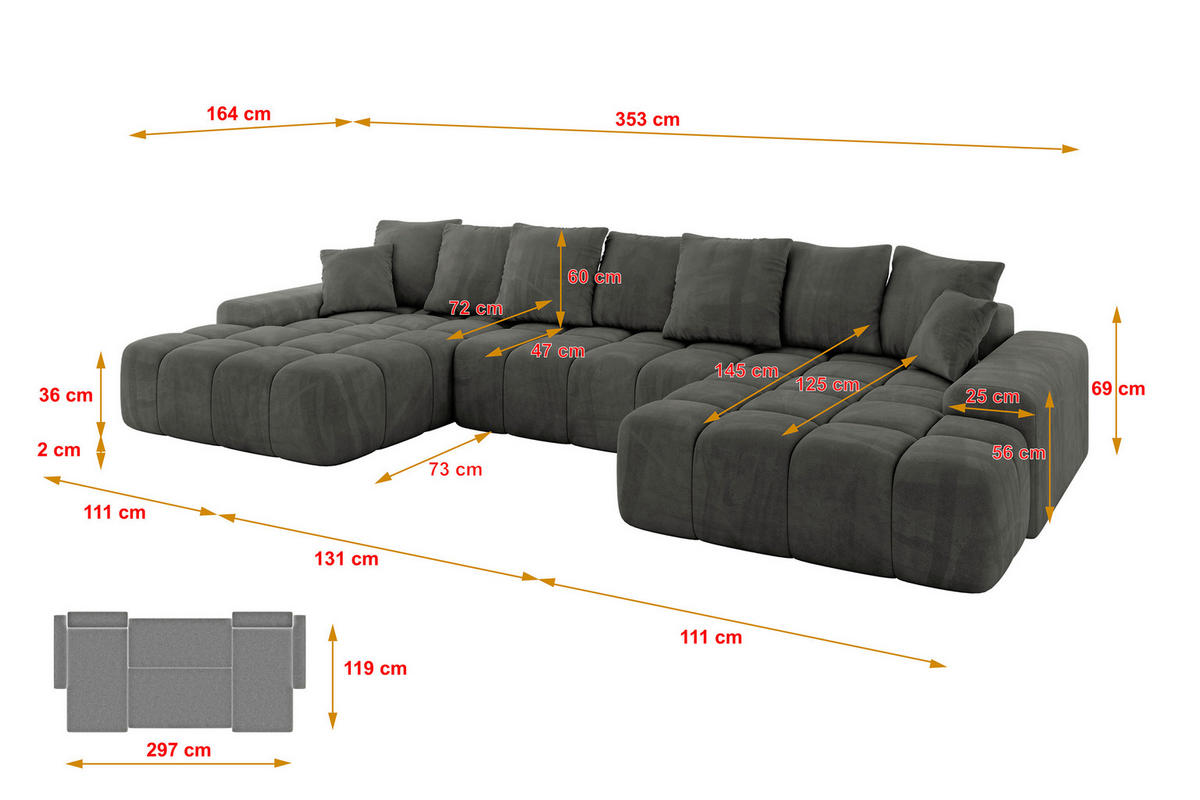 WOHNLANDSCHAFT ENSI-U - 353x164x88 cm Anthrazit - Anthrazit, Holzwerkstoff/Kunststoff (357/69/164cm) - ALTDECOR