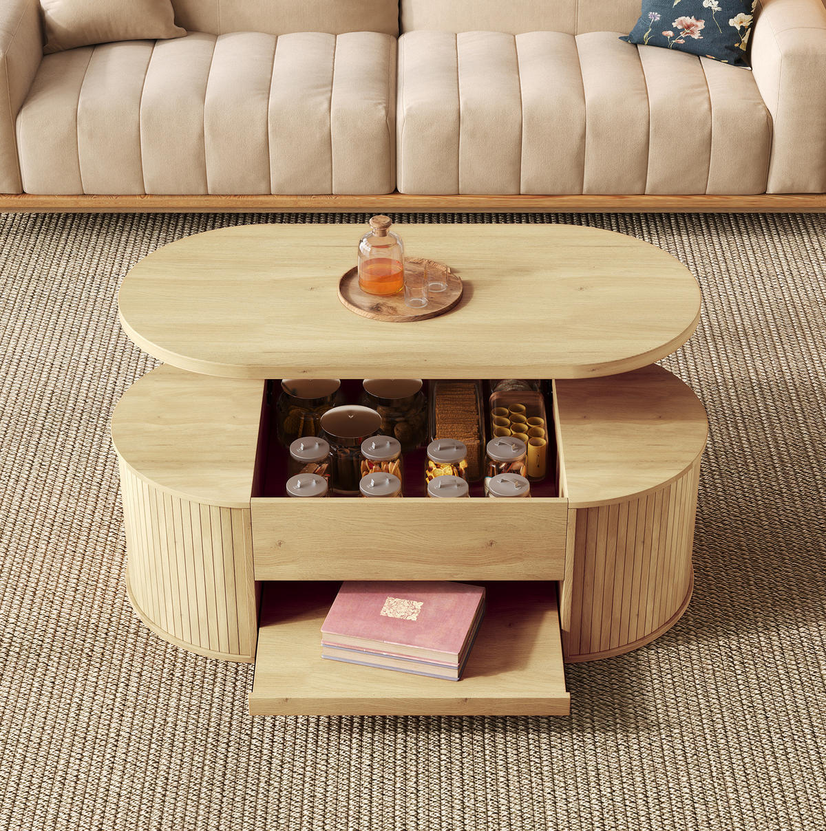 KONFERENČNÝ stolík s výklopnou doskou 110/55,5 cm, MDF, prírodný - prírodná farba, kompozitné drevo (110/55.5/40cm) - Flora Grace