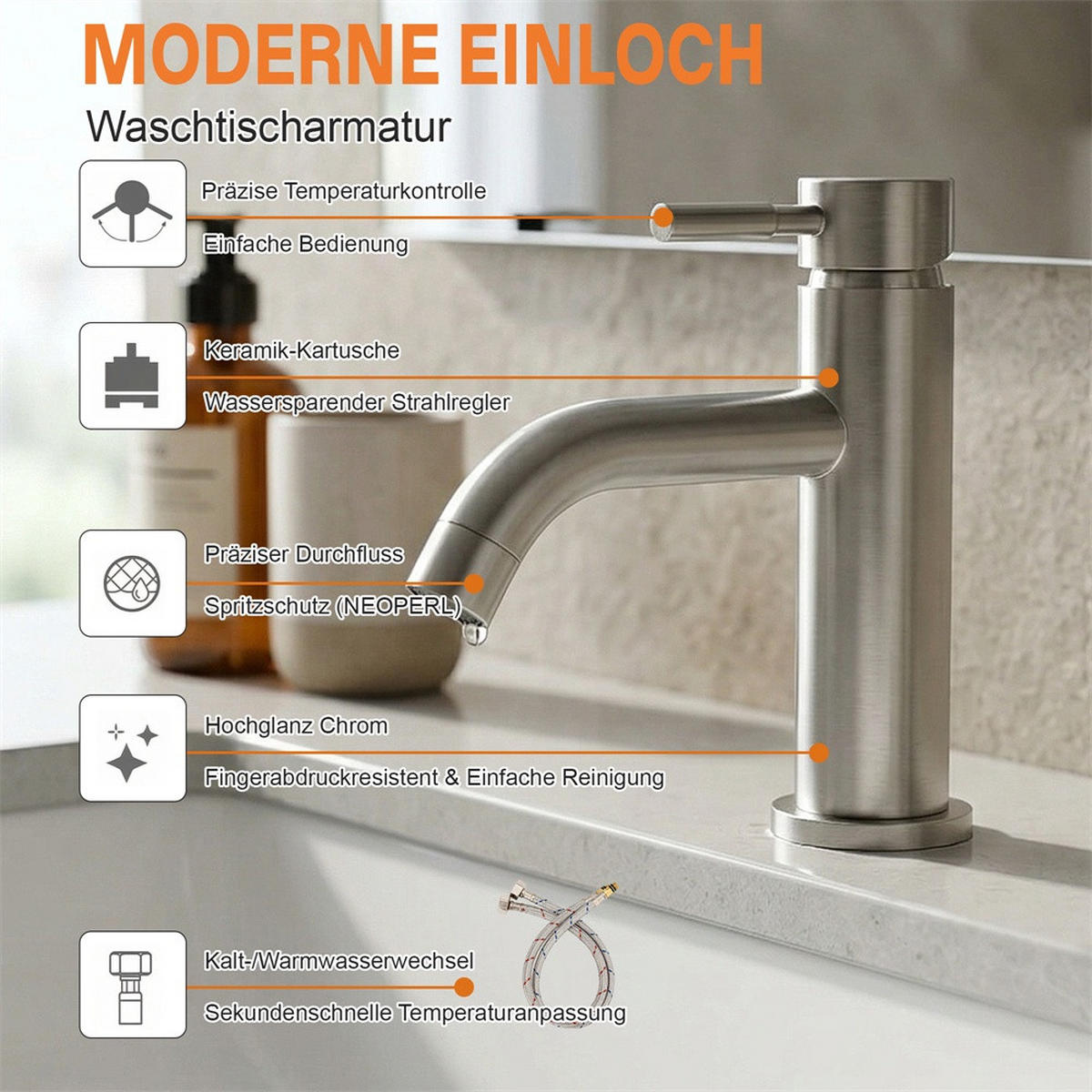WASCHTISCHARMATUR Einhebelmischer für Waschbecken - Waschtischarmatur Mischbatterie für Kalt- und Warmwasser - Silberfarben, Metall (16/17.5/4.5cm) - DELFA