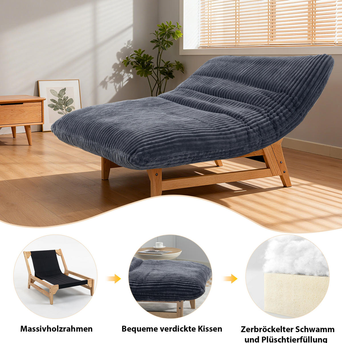 SESSEL Grau aus Cord mit Rückenlehne,100/120/76 cm - Grau, Textil (100/76/120cm) - BEAOK
