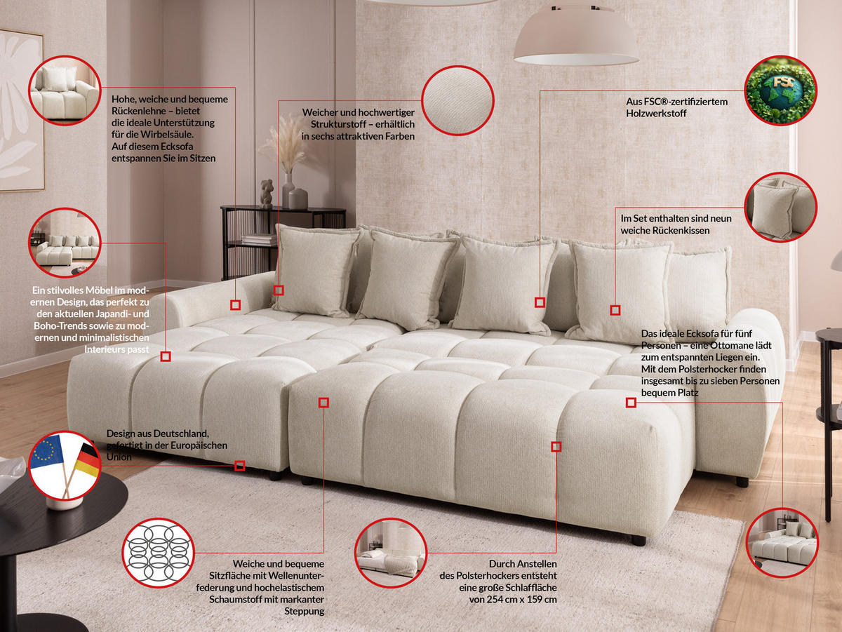 ECKSOFA inkl. Hocker Bubble mit Schlaffunktion und losen Rückenkissen, Sitzfläche in Bubble-Optik aus weichem Hellbeige Strukturstoff - Ottomane Links - Beige/Schwarz, Holz/Kunststoff (180/306cm) - S-Style Möbel