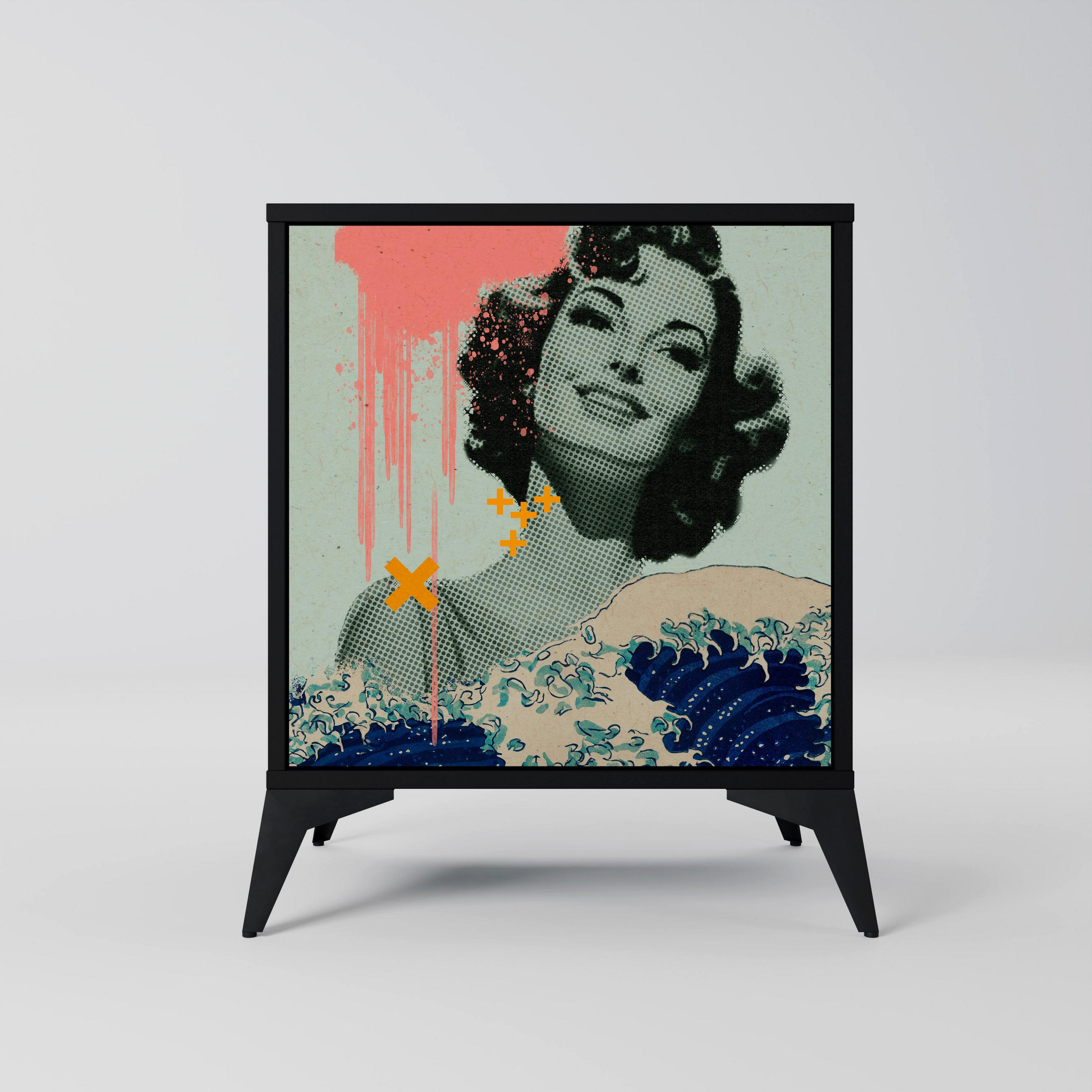 SIDEBOARD KANAGAWA BEAUTY, Schwarz, 57,5x42x70,5 cm, Schwarze Metall-Sternfüße - Multicolor/Schwarz, Holzwerkstoff/Metall (57.5/70.5/42cm) - SpaceRebels