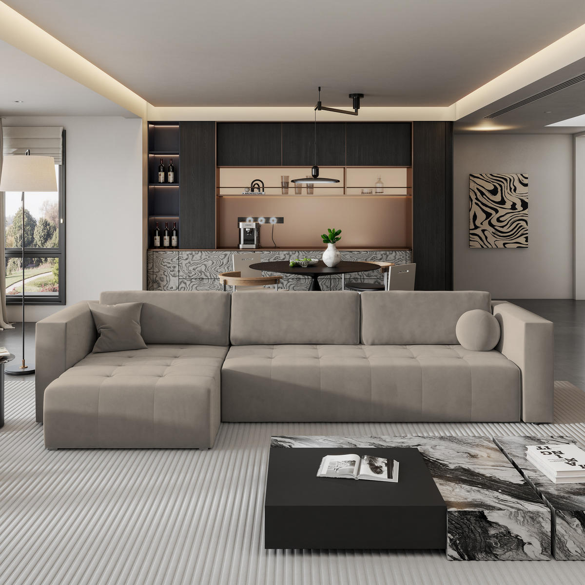 ECKSOFA OLVERA Beige Plüsch-Stoff mit Schlaffunktion - Beige, Holz (347/148cm) - MASSENO