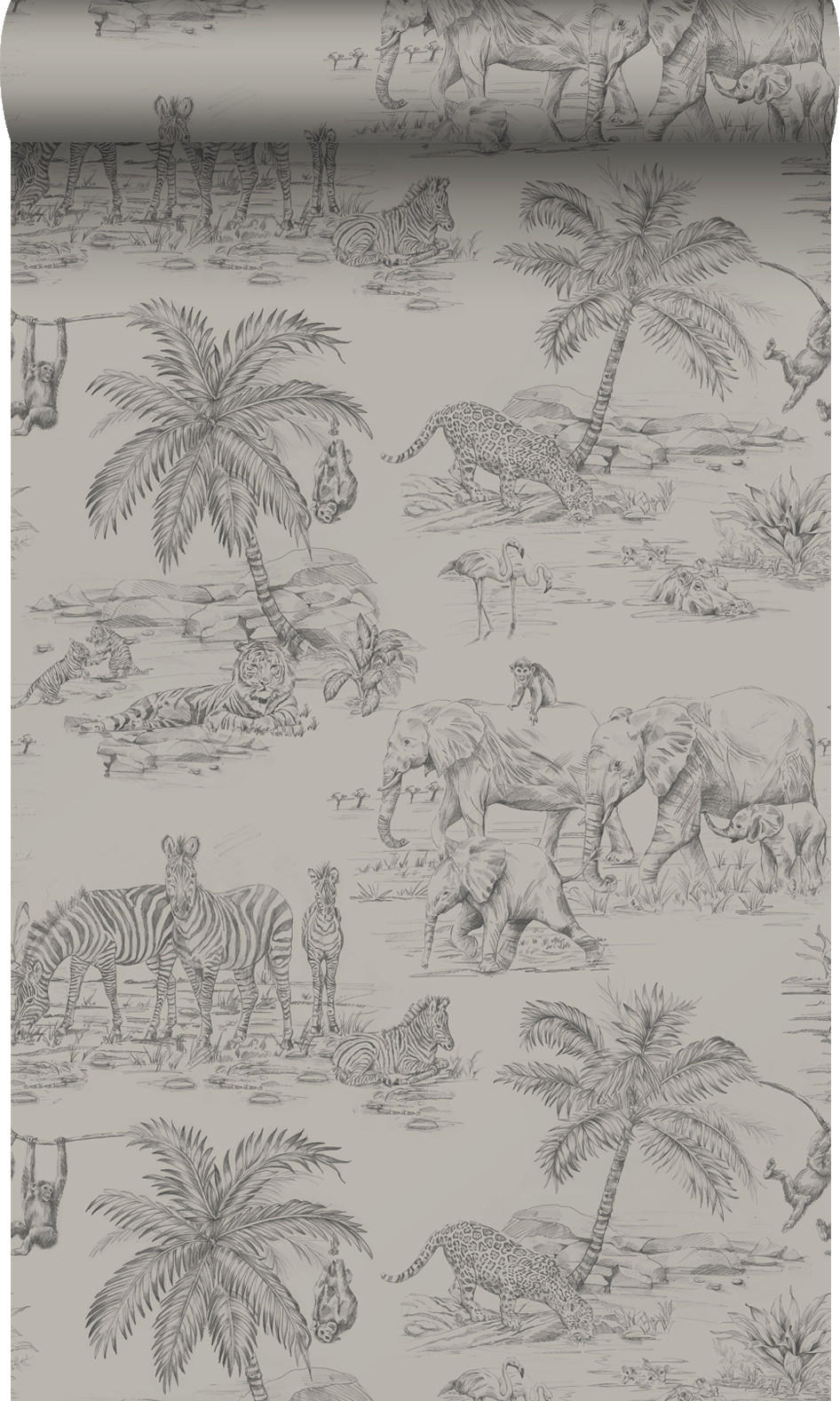 TAPETE Dschungeltiere 53 cm x 10.05 m - Grau, Papier (53/1000cm) - Origin Wallcoverings