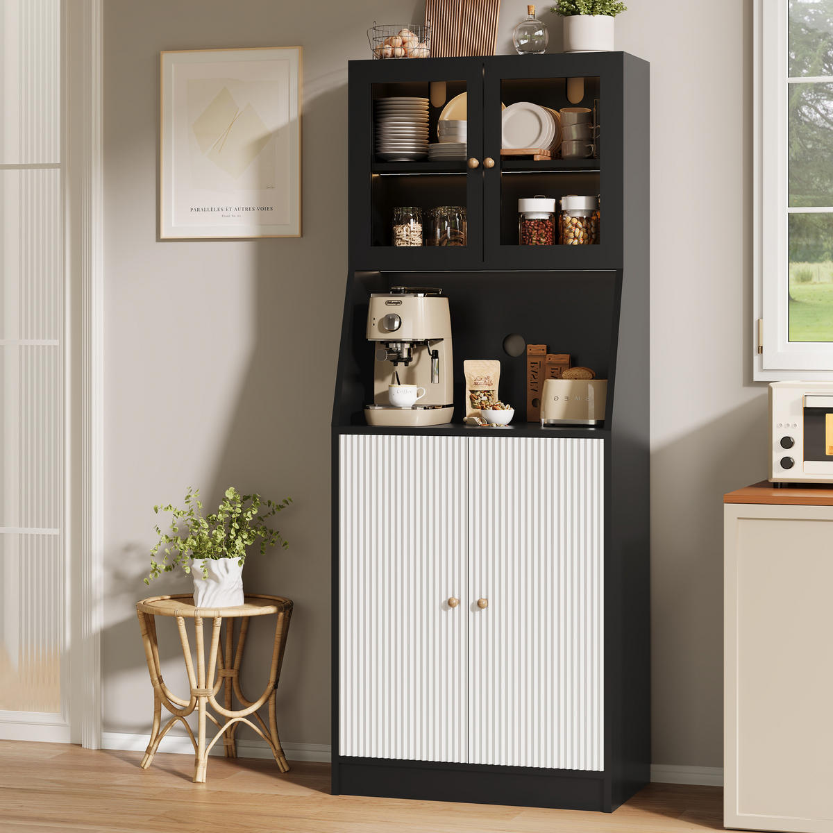BUFFET hoch 40x70x180 cm LED Arbeitsplatte Stauraum schwarz - Schwarz, Holz (70/180/40cm) - Fortuna Lai