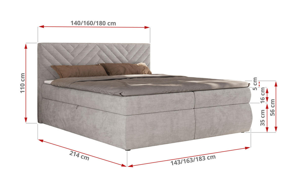 BOXBETT AVERTA 180/200 - Hellgrau Schenille glatt - H4 - Hellgrau, Textil (180/200cm) - MKS