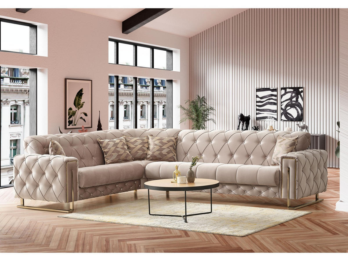 ECKSCHLAFSOFA Shimla Beige - Langer Schenkel Rechts - Beige, Holzwerkstoff/Kunststoff (245/310cm)