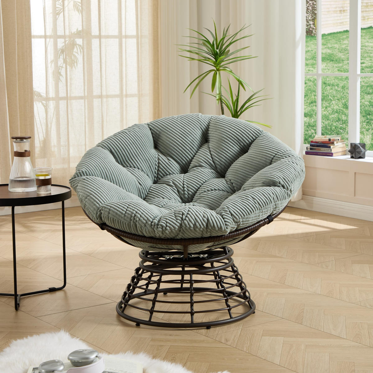 GARTEN-RELAXSESSEL Papasansessel, 360° drehbar,Rattan, Hellgrün - Hellgrün, Metall (60/67/92cm) - LVHOM