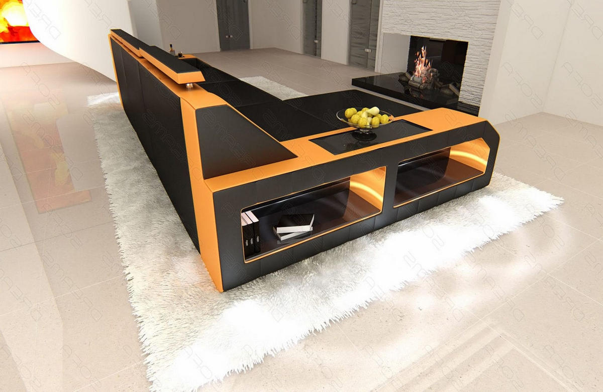 COUCH Arezzo L Schwarz Orange Ledermix - Schwarz, Textil (308/194cm)
