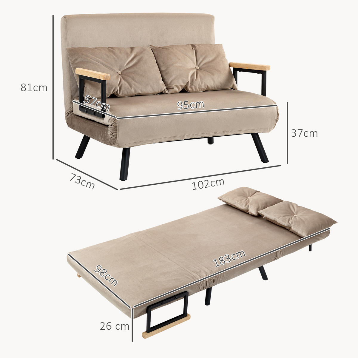 SCHLAFSOFA, Klappbett mit Bettfunktion, Verstellbarer Rückenlehne für Wohnzimmer - Hellbraun/Schwarz, Holz/Textil (73/81/102cm) - HOMCOM