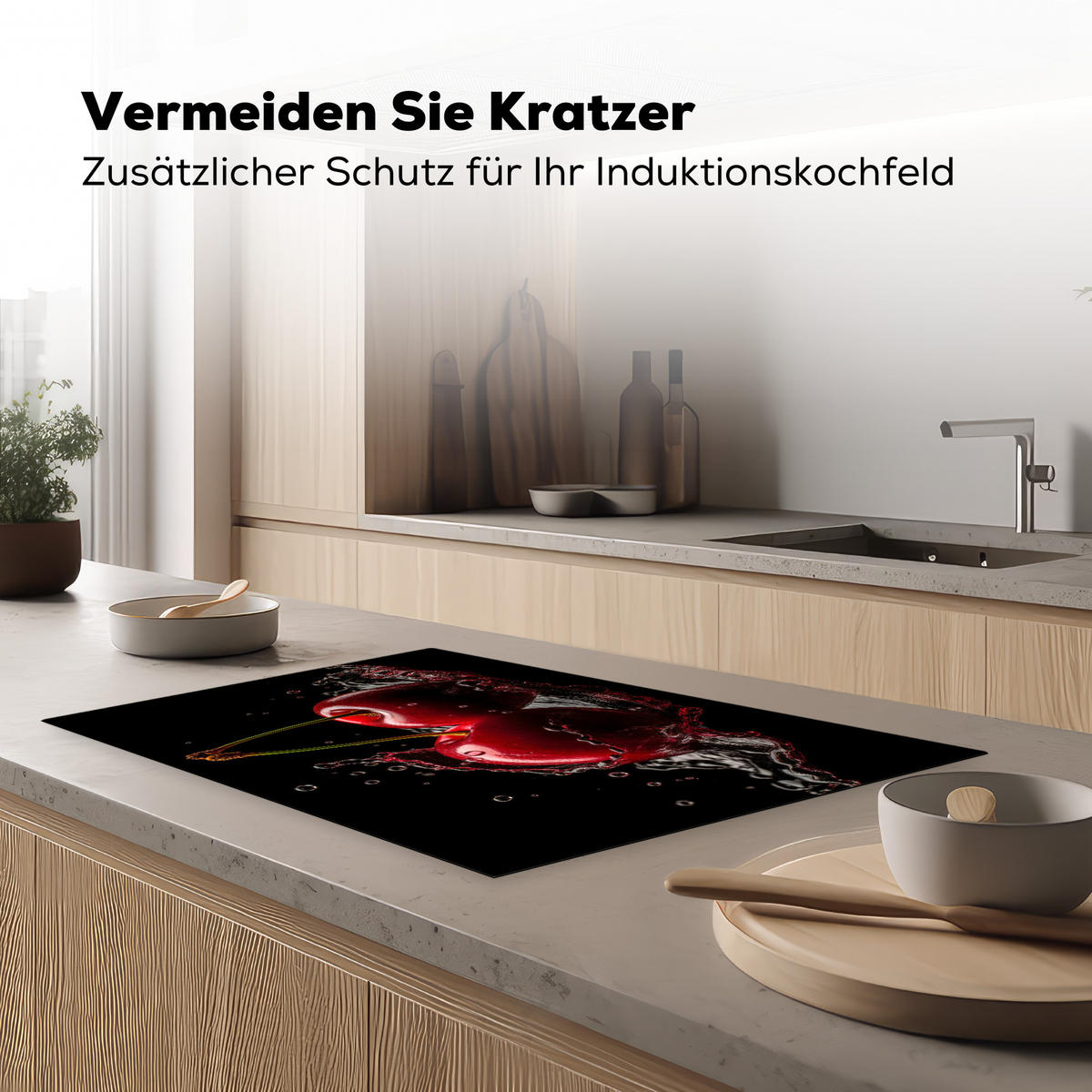 HERDABDECKPLATTE Kirsche - Rot - Frucht - Wasser - Schwarz 80x52 cm - Kirschrot, Kunststoff (80/52/0.2cm) - MuchoWow