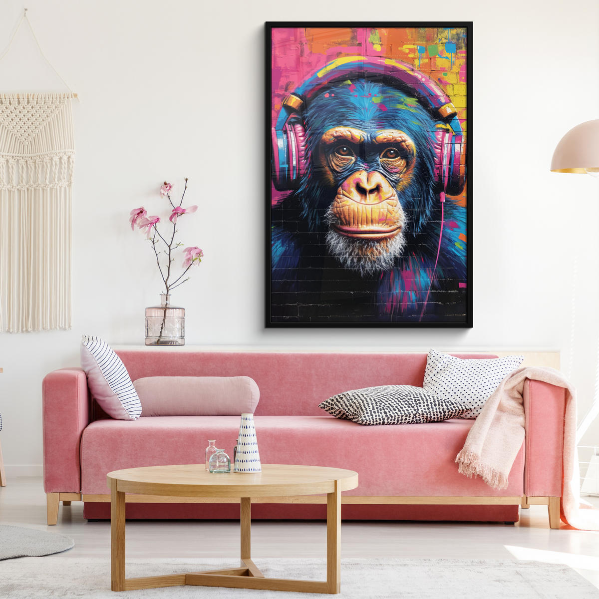 POSTER MIT RAHMENGERAHMTES BILD Graffiti - Schimpanse - Straßenkunst - Kopfhörer - Affe Bilderleiste 80x120 cm - Blau, Papier (80/120cm) - MuchoWow