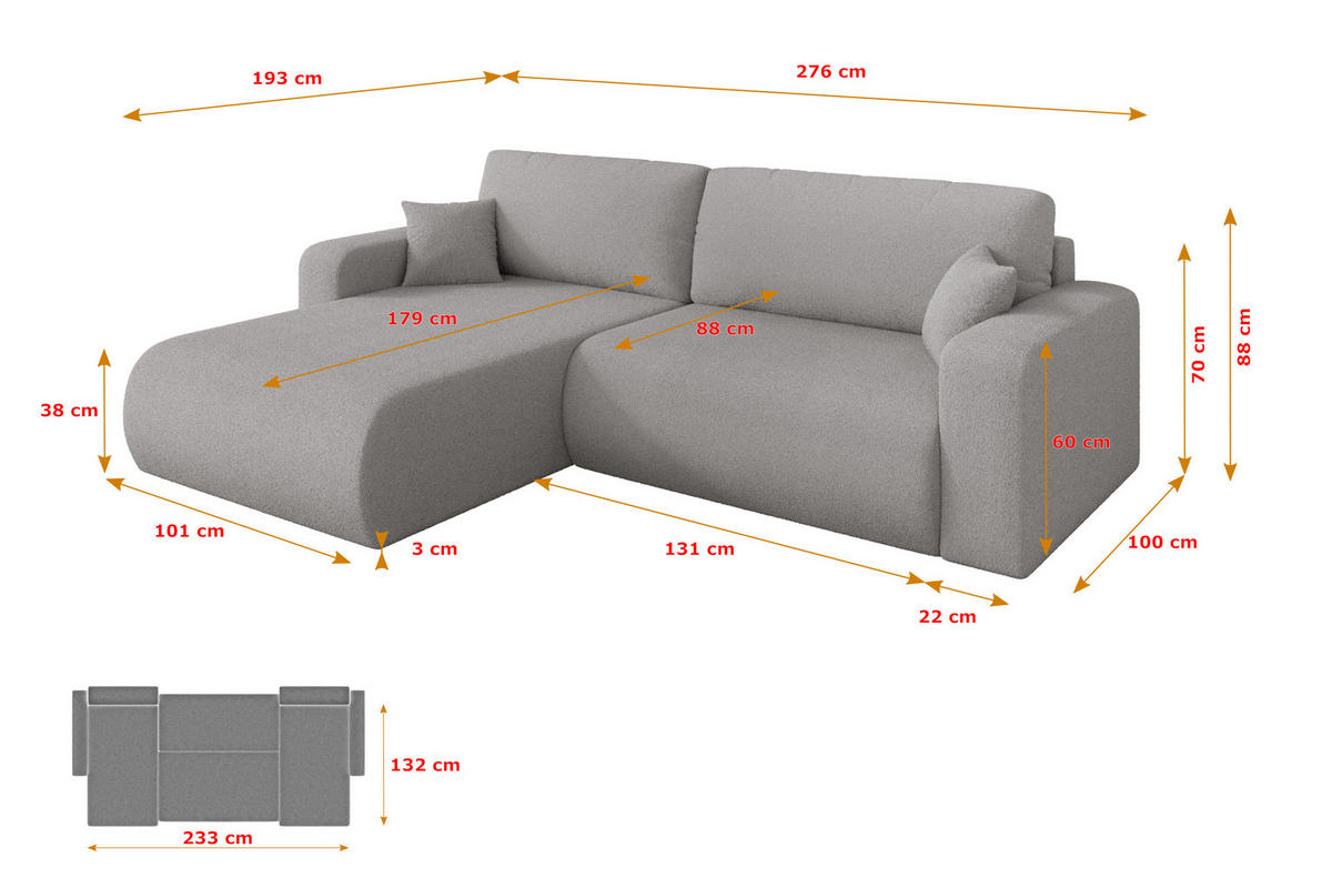 ROHOVÁ SEDAČKA s funkcí spaní, otoman vlevo BERY-L 276x193x88 světle šedá bouclé - černá/stříbrná, kompozitní dřevo/textil (276/193cm) - ALTDECOR