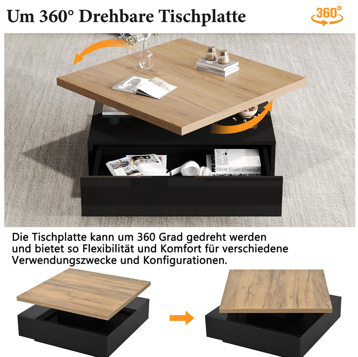 COUCHTISCH 70/70 cm drehbar mit versteckter Schublade in Walnuss/Schwarz - Schwarz, Holzwerkstoff (70/70/36cm) - BEAOK